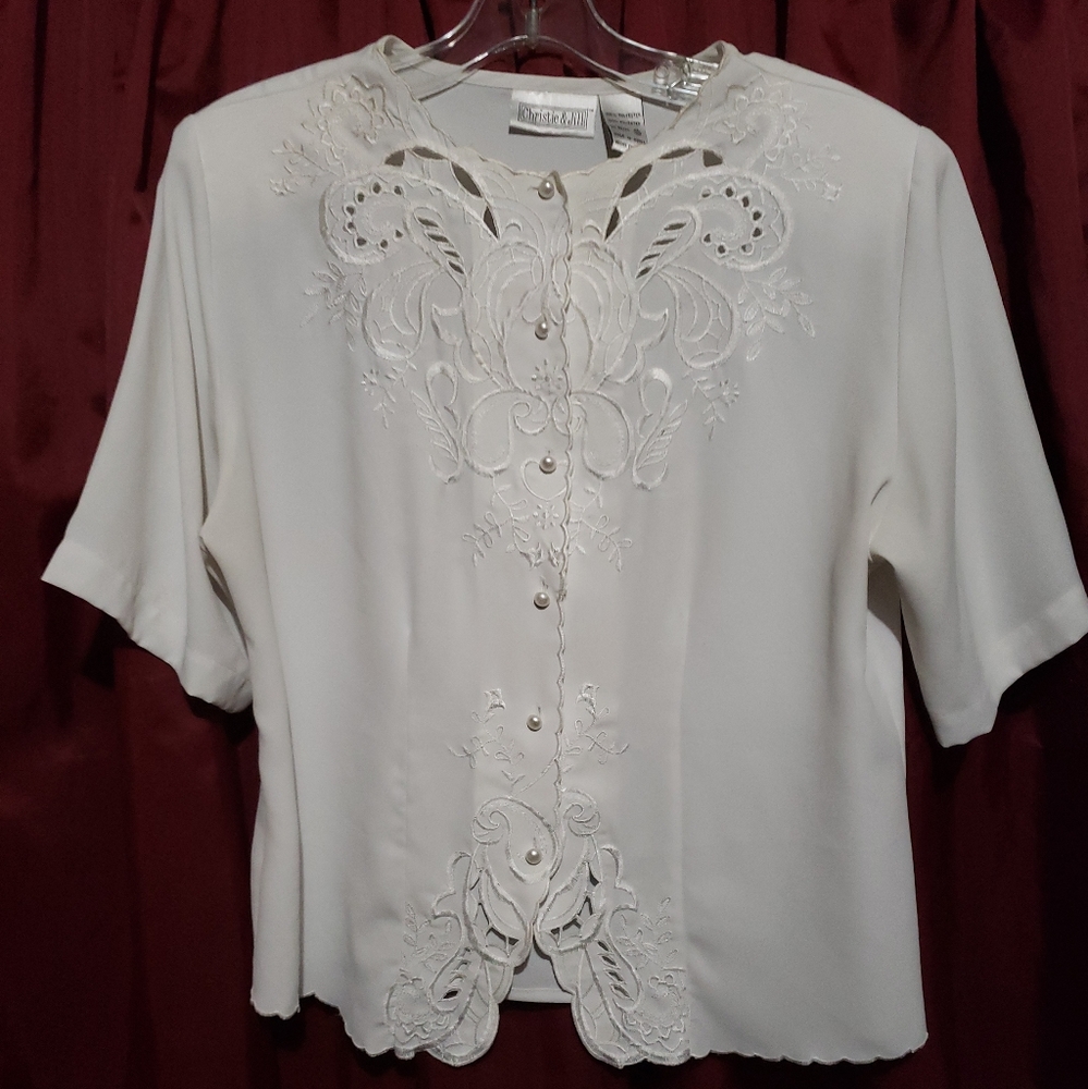 Christie & Jill White Blouse Short Sleeve Pearl Button Embroidered Front Size 10